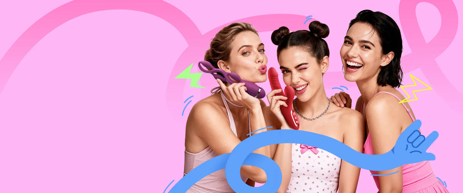 Three Toendi users holding rabbit vibrators and smile happily.