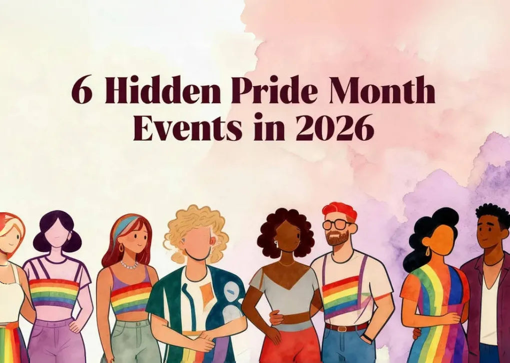 Watercolor illustration of diverse people in rainbow outfits celebrating 2026 Pride Month