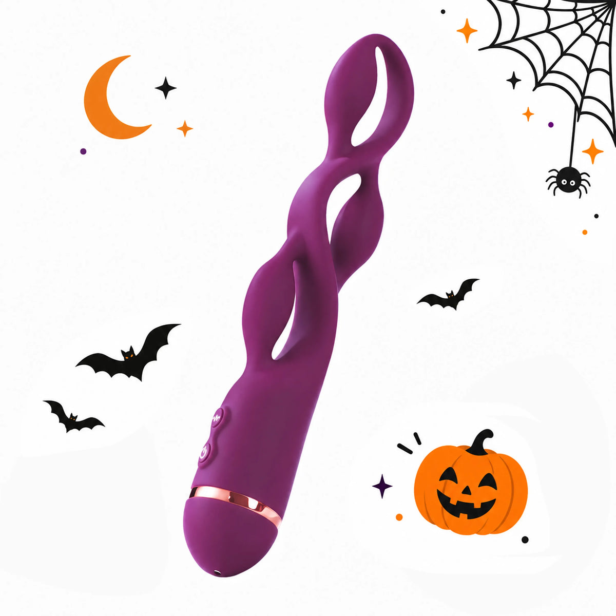 Toendi Livia purple vibrator with three loop-shaped sections, Halloween bats and a pumpkin