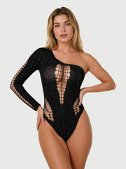 Black Rhinestone One-Shoulder Bodysuit