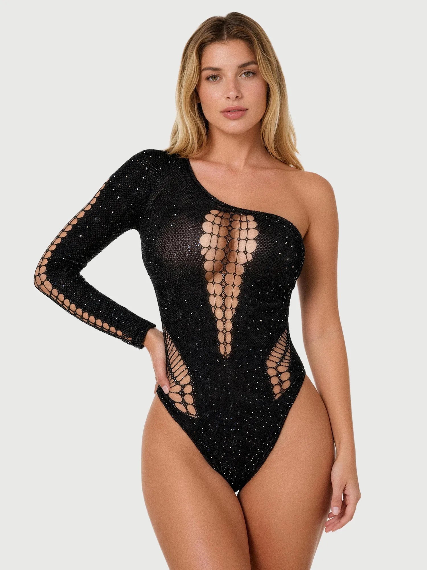 Black Rhinestone One-Shoulder Bodysuit