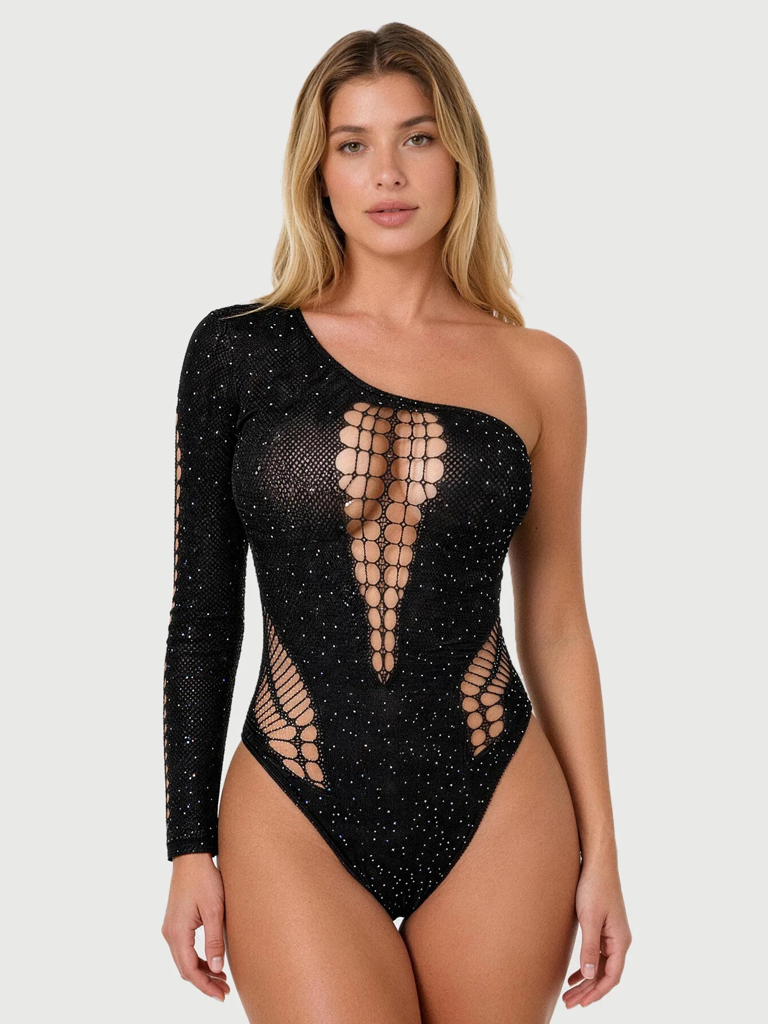 Black Rhinestone One-Shoulder Bodysuit