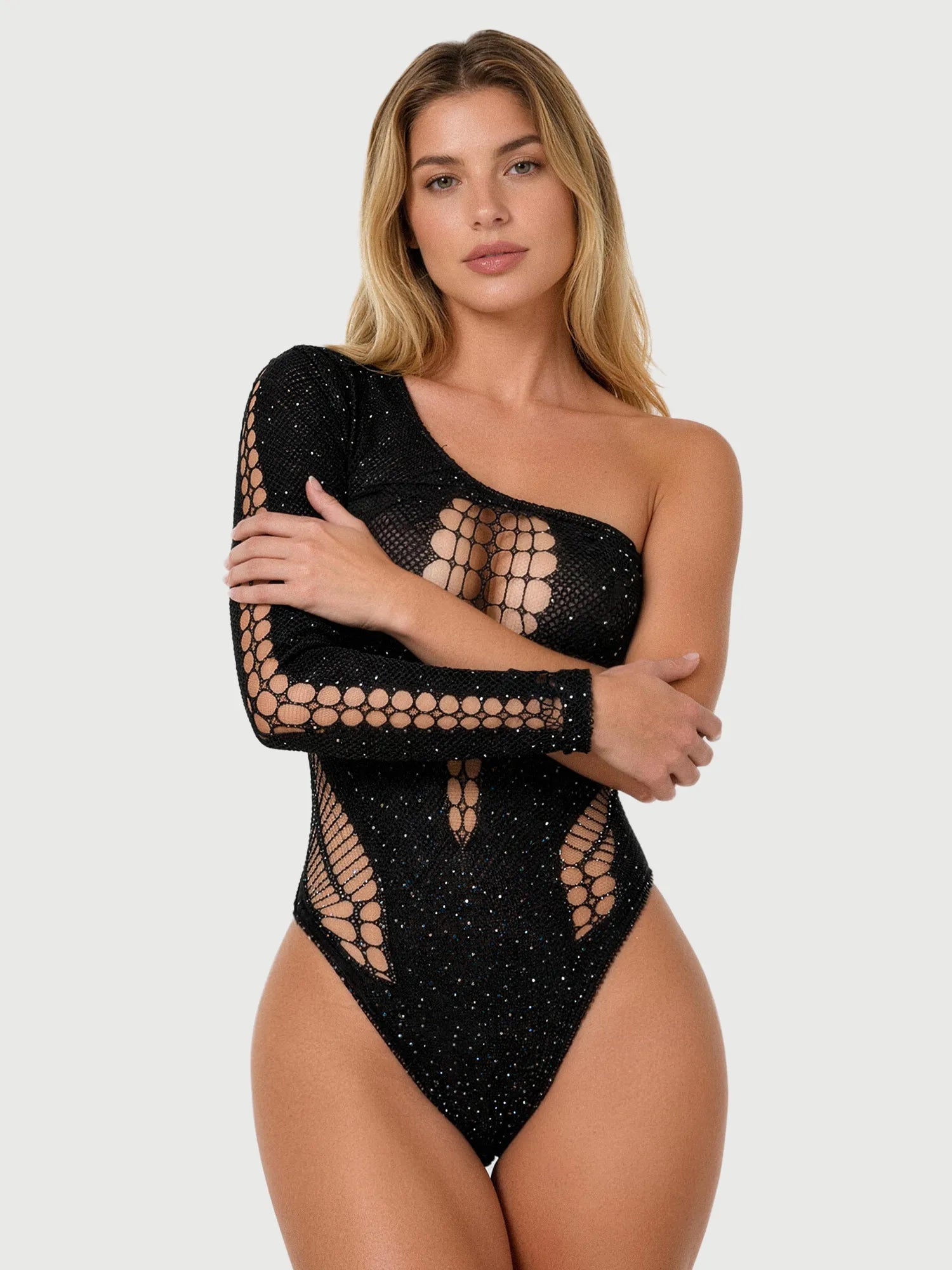 Black Rhinestone One-Shoulder Bodysuit