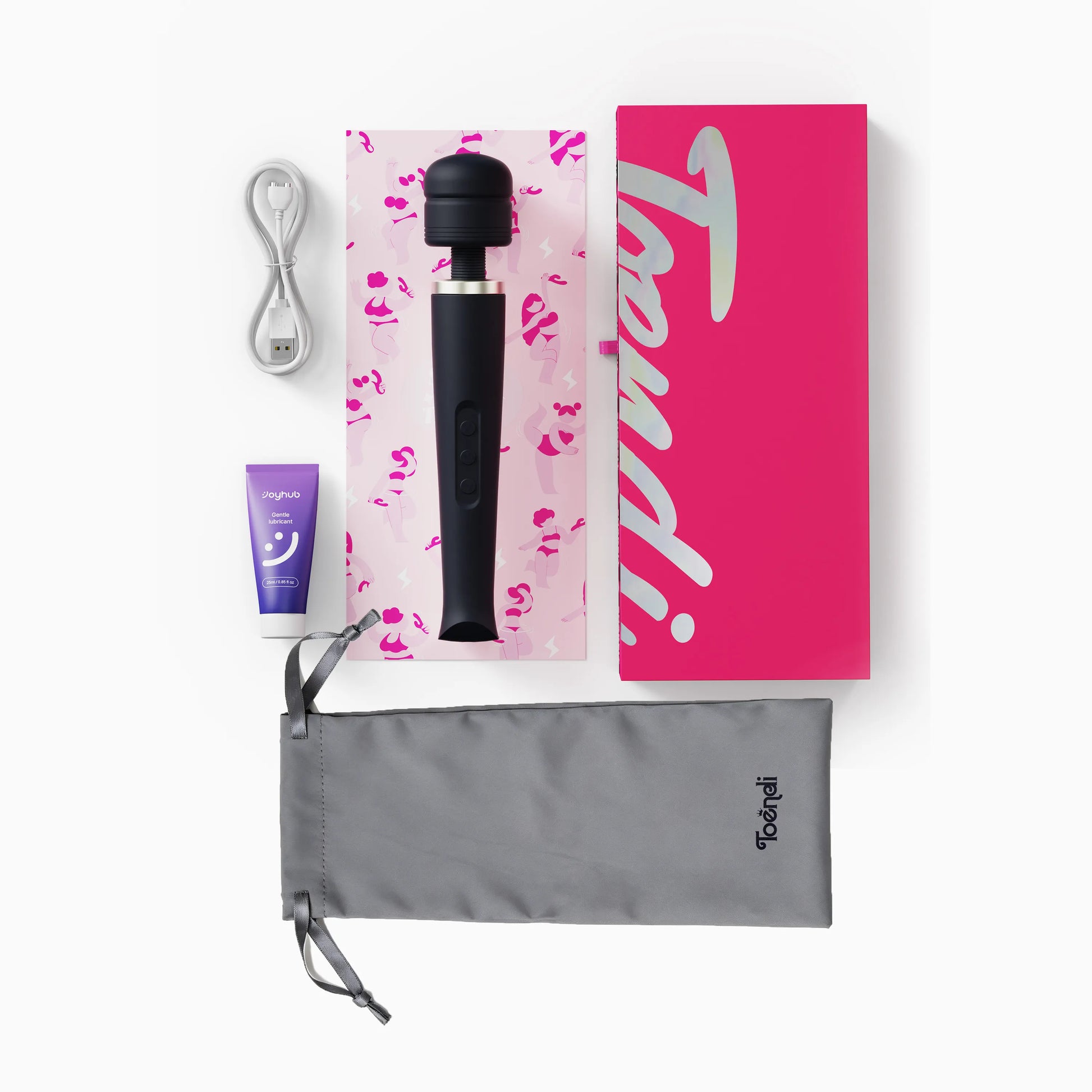 Toendi wand vibrator Valora‘s box including vibrator, charging cable and lube