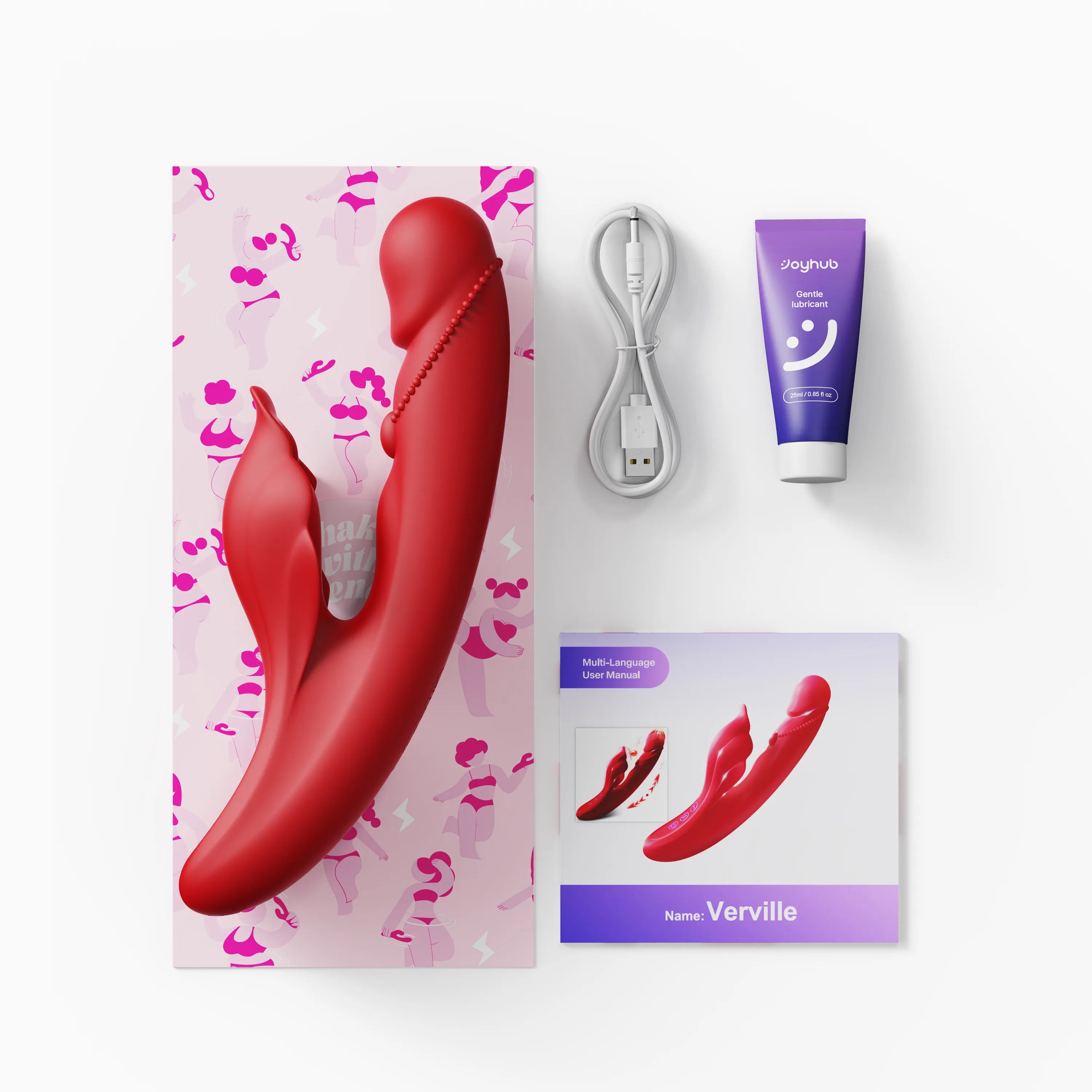 Toendi rabbit vibrator Verville‘s box including vibrator, charging cable and lube