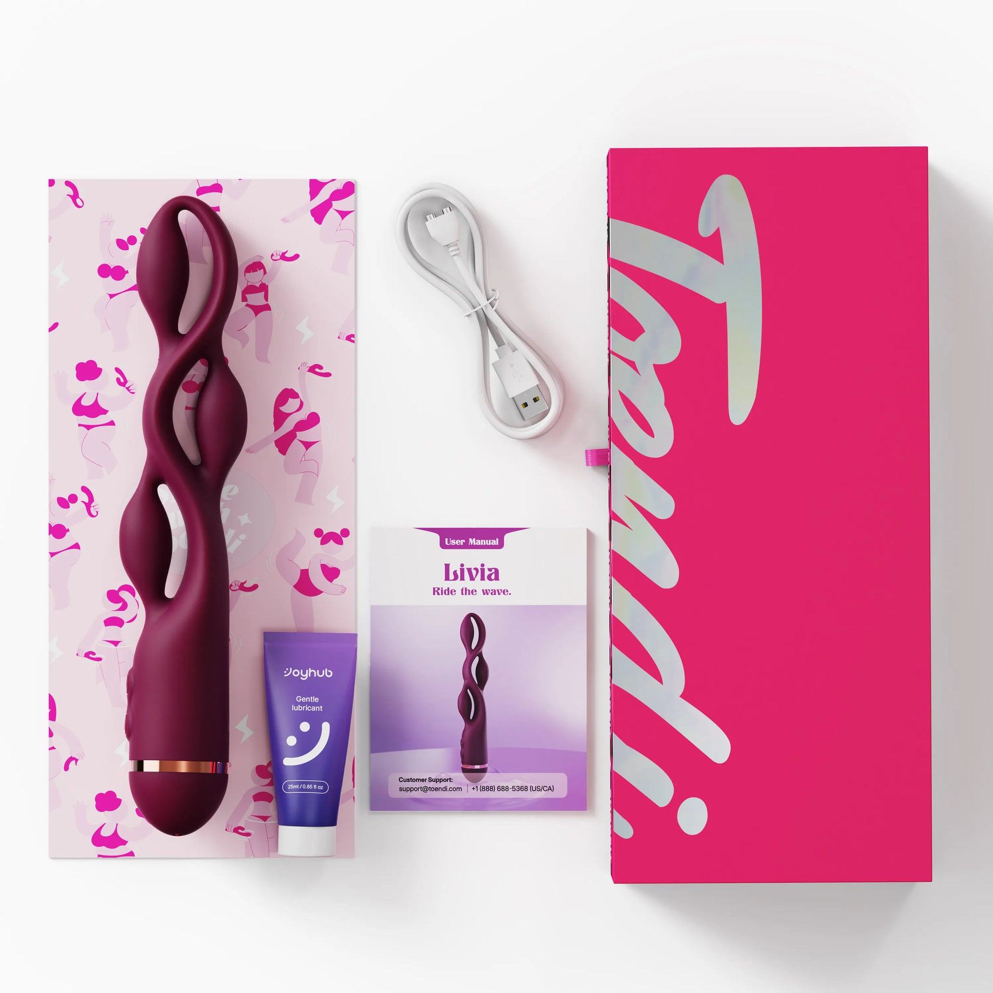 Toendi G-spot vibrator Livia's box including vibrator, charging cable and lube