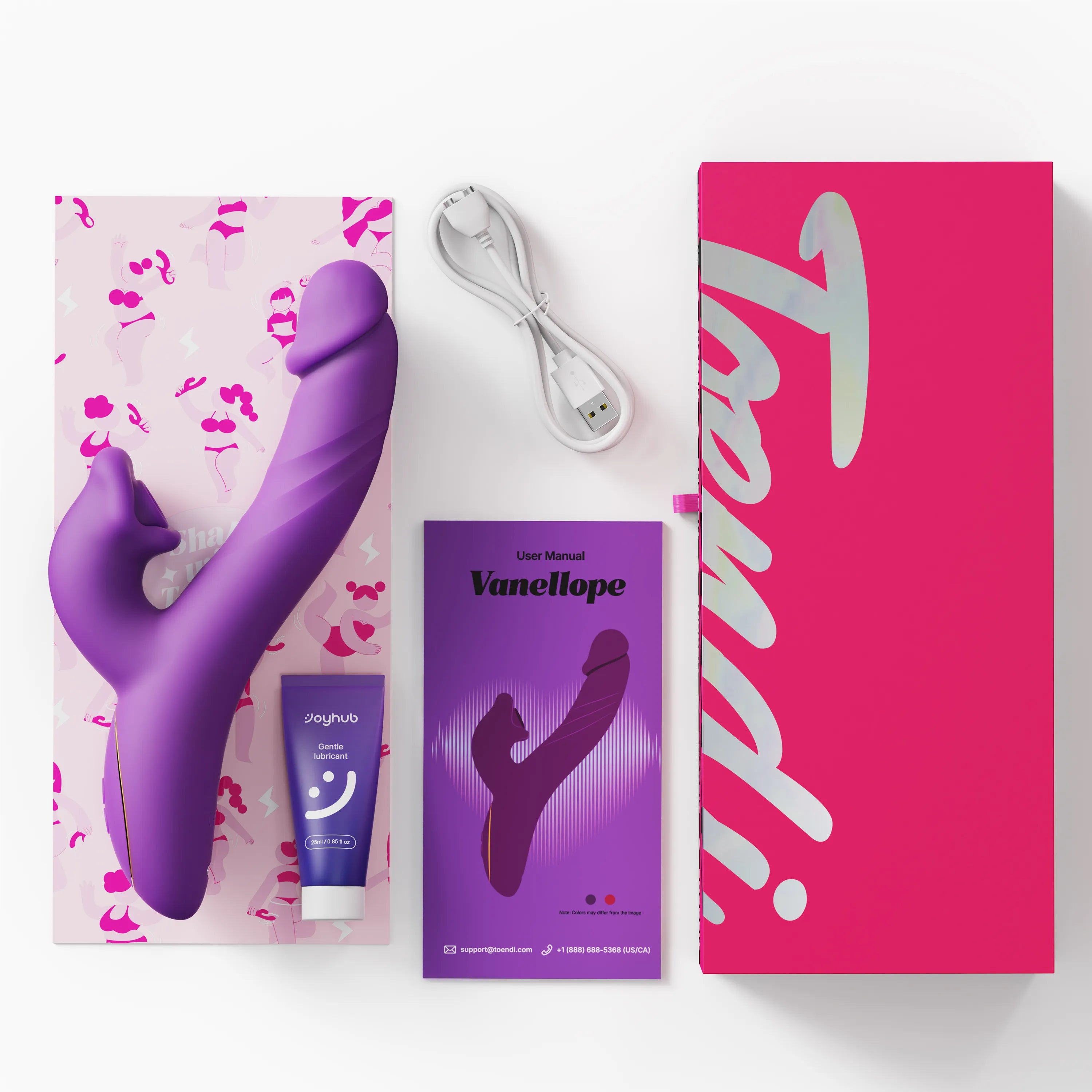 Toendi rabbit vibrator Vanellope‘s box including vibrator, charging cable and lube