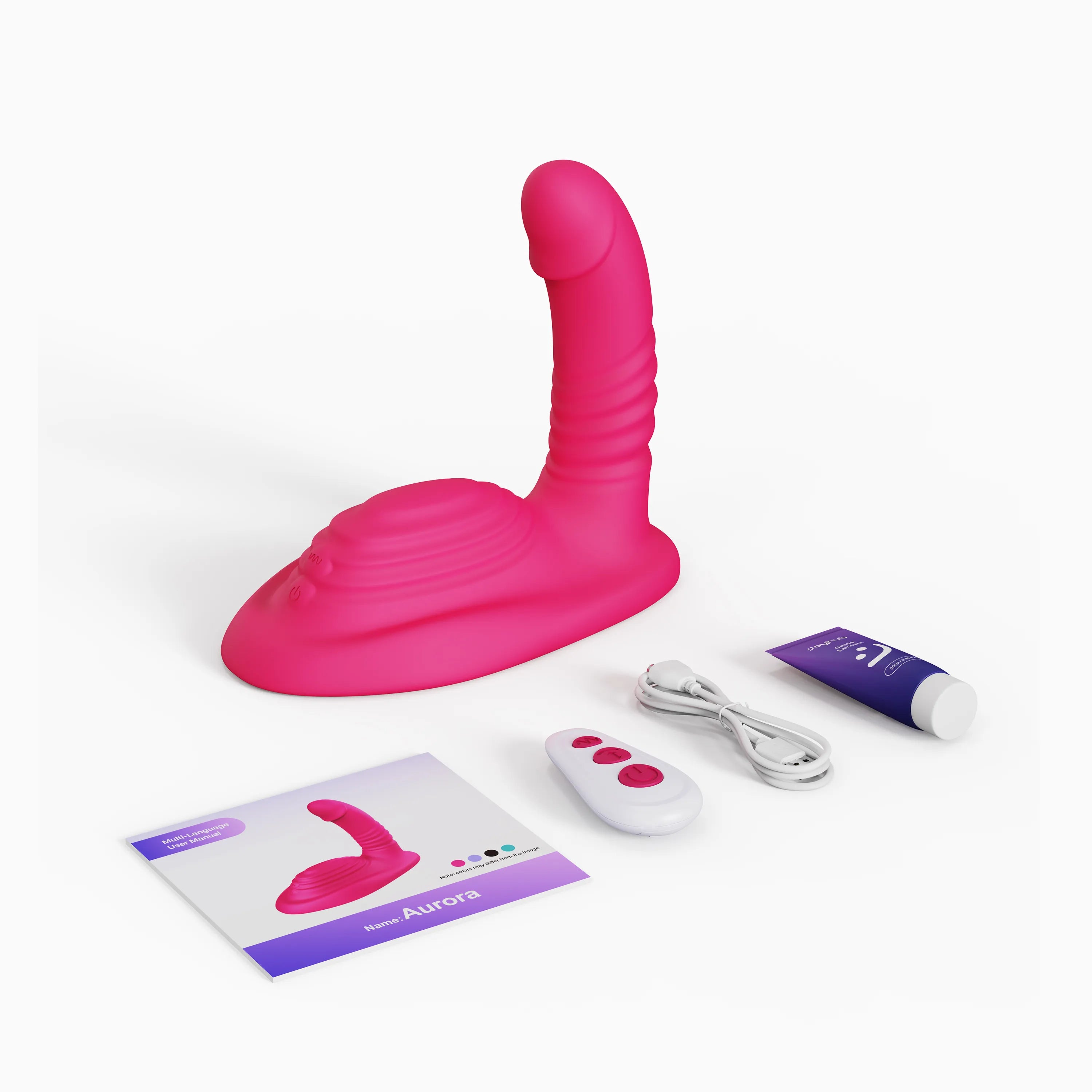 Toendi thrusting vibrator Aurora‘s box including vibrator, charging cable and lube