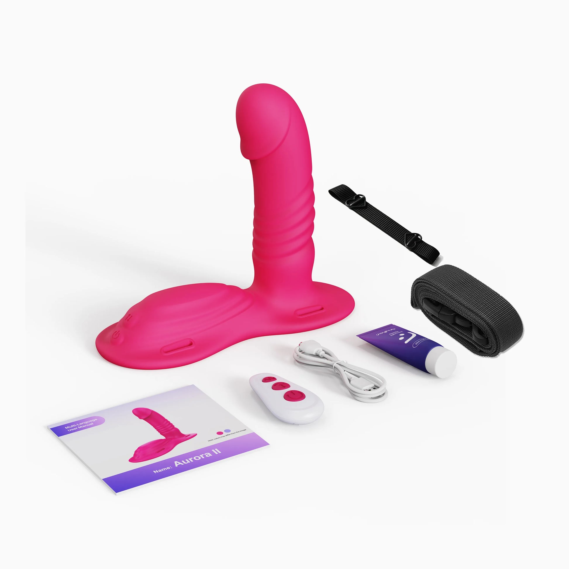 Toendi thrusting vibrator Aurora2‘s box including vibrator, charging cable and lube