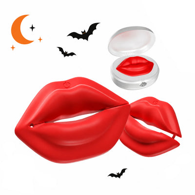 Toendi Lipe red lip-shaped vibrator with an open storage case and Halloween bat decorations