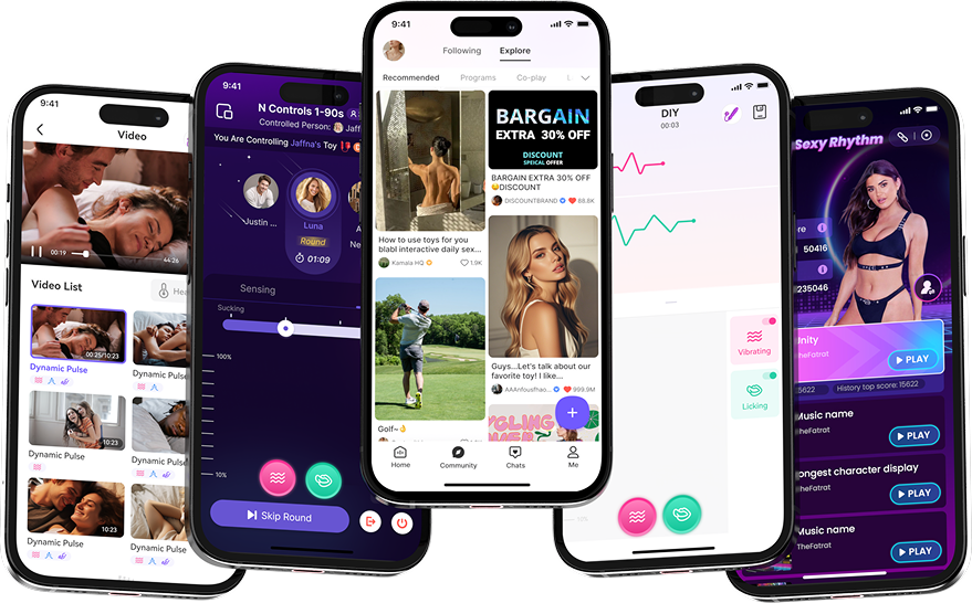 5 mobile phones showing different functions of Joyhub APP