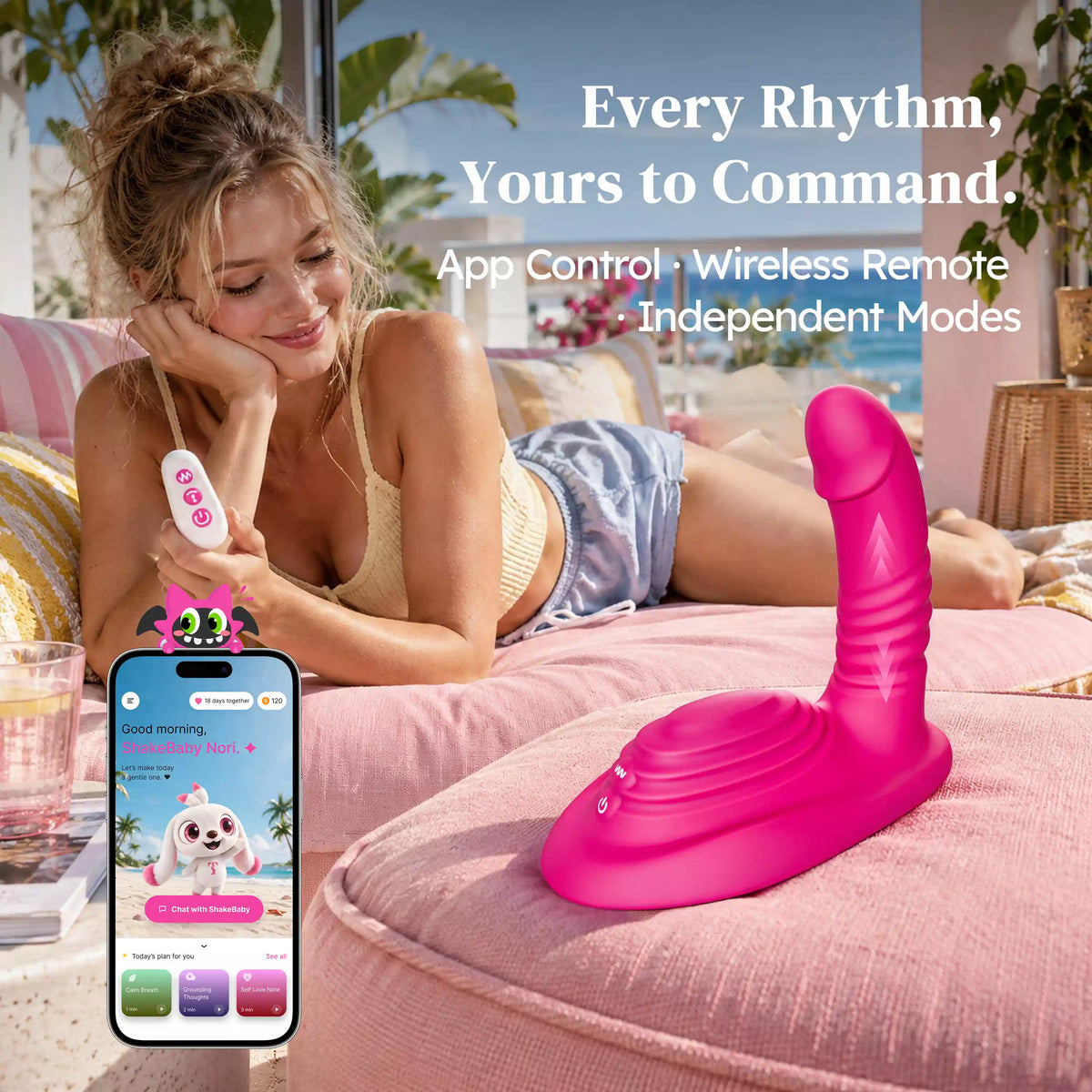 TOENDI Aurora pink riding vibrator with app control in a poolside lifestyle setting