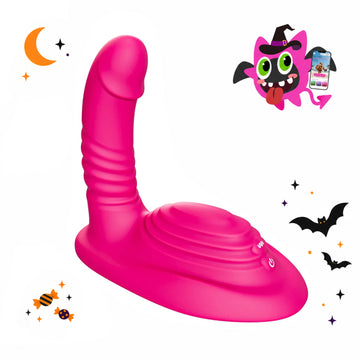 Toendi Aurora pink riding vibrator with a wide textured base and Halloween decorations