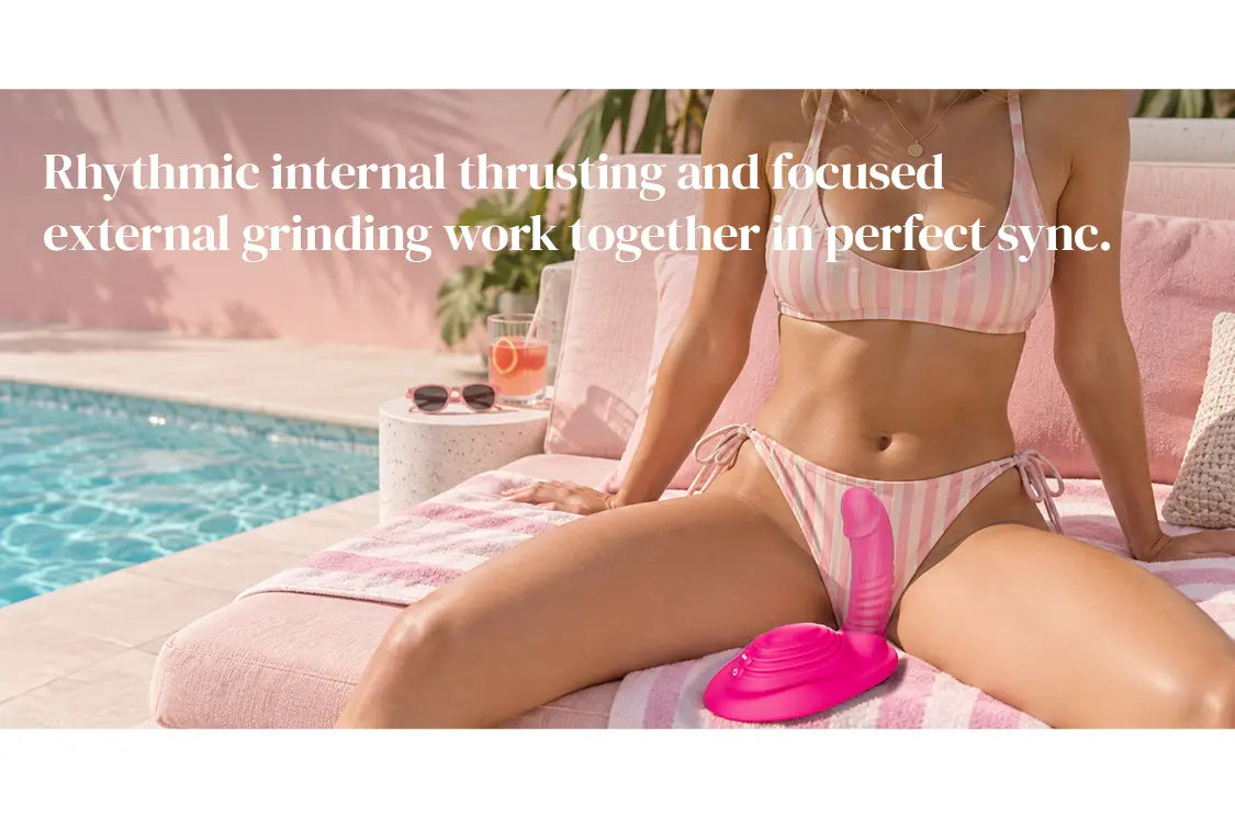 TOENDI Aurora pink riding grinder displayed in a summer poolside setting