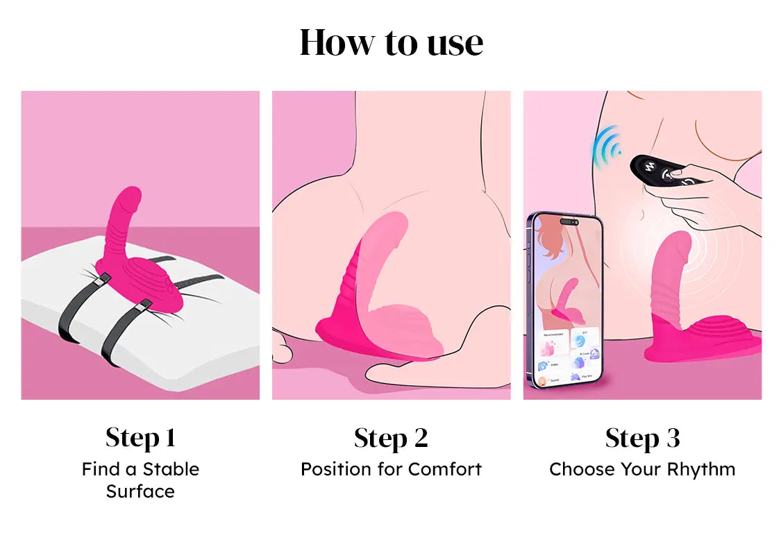 TOENDI Aurora riding vibrator showing different ways to use the thrusting and grinding features