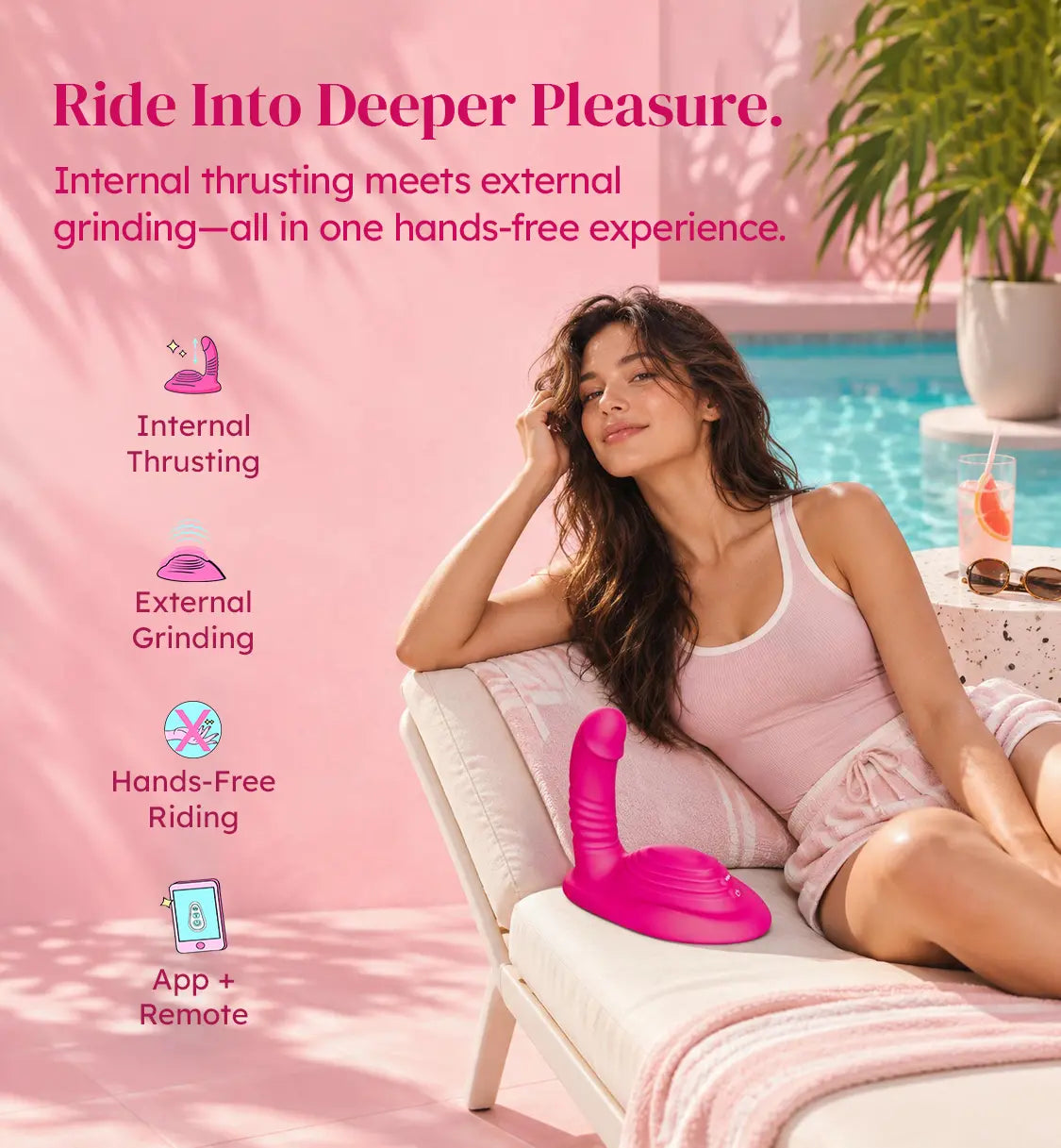 TOENDI Aurora pink riding vibrator in a relaxing poolside lifestyle setting