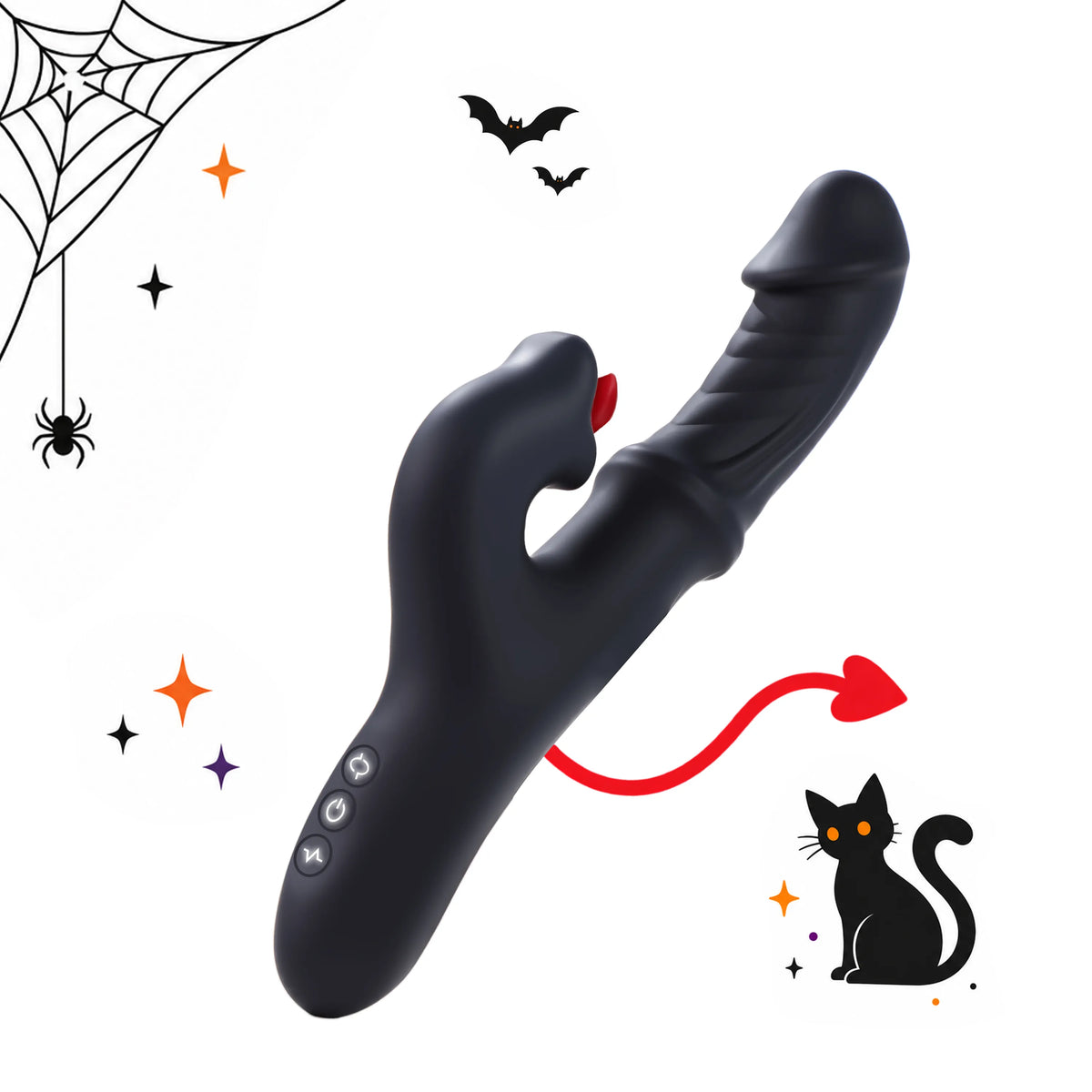 Toendi Vigo black rabbit vibrator with a curved shaft, Halloween bats and a black cat