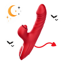 Toendi Cherly red rabbit vibrator with a curved side arm and Halloween bat decorations