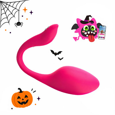 Toendi ElixirEgg pink wearable vibrator with a curved tail, Halloween pumpkin and spiderweb
