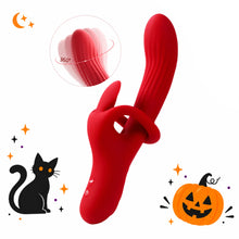 Toendi Valis red G-spot vibrator with a curved ribbed shaft, Halloween pumpkin and black cat
