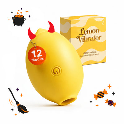 Toendi yellow lemon-shaped vibrator beside its matching box with Halloween devil horns