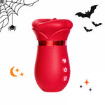 Toendi Lips red lip-shaped vibrator with a metallic accent, Halloween bats and spiderweb