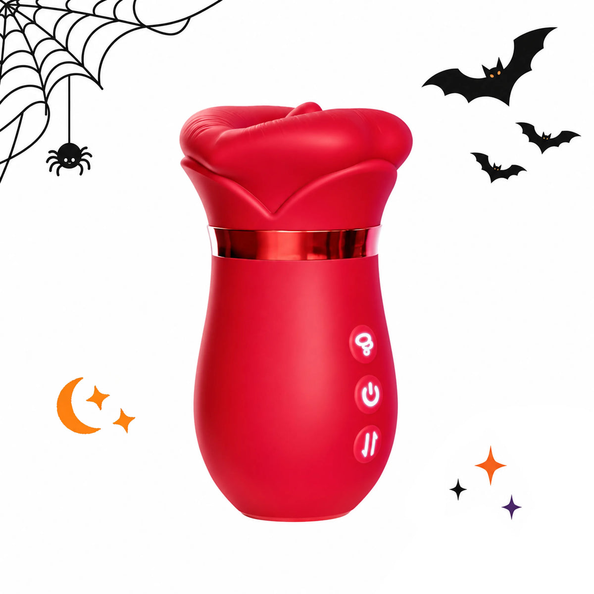 Toendi Lips red lip-shaped vibrator with a metallic accent, Halloween bats and spiderweb