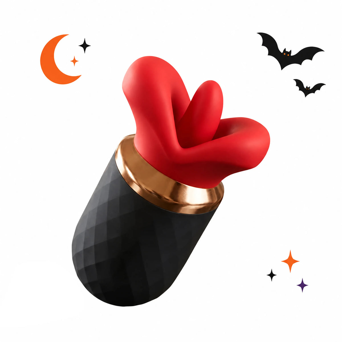 Toendi Merakiss vibrator with red petal-shaped tips, a black textured body and Halloween bats