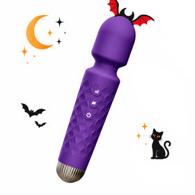 Toendi Vellum purple mini wand vibrator with a textured handle and Halloween bat decorations