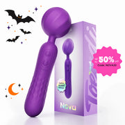 Toendi Nova purple wand vibrator beside its matching purple box with Halloween decorations