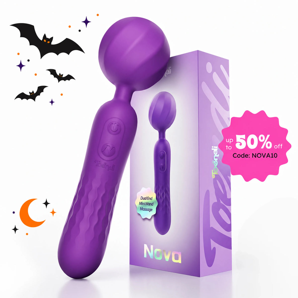 Toendi Nova purple wand vibrator beside its matching purple box with Halloween decorations