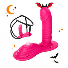 Toendi Aurora 2 pink riding vibrator with a textured base, black harness inset and Halloween bats