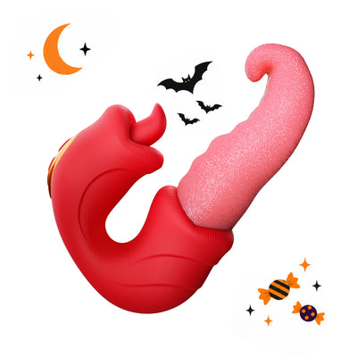 Toendi Athena 2 red and pink tongue vibrator with a curved textured tip and Halloween decorations