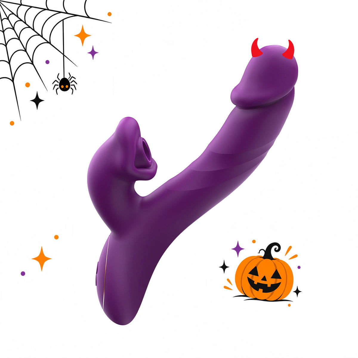 Toendi Vanellope purple thrusting rabbit vibrator with Halloween devil horns, pumpkin and spiderweb