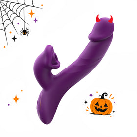 Toendi Vanellope purple thrusting rabbit vibrator with Halloween devil horns, pumpkin and spiderweb