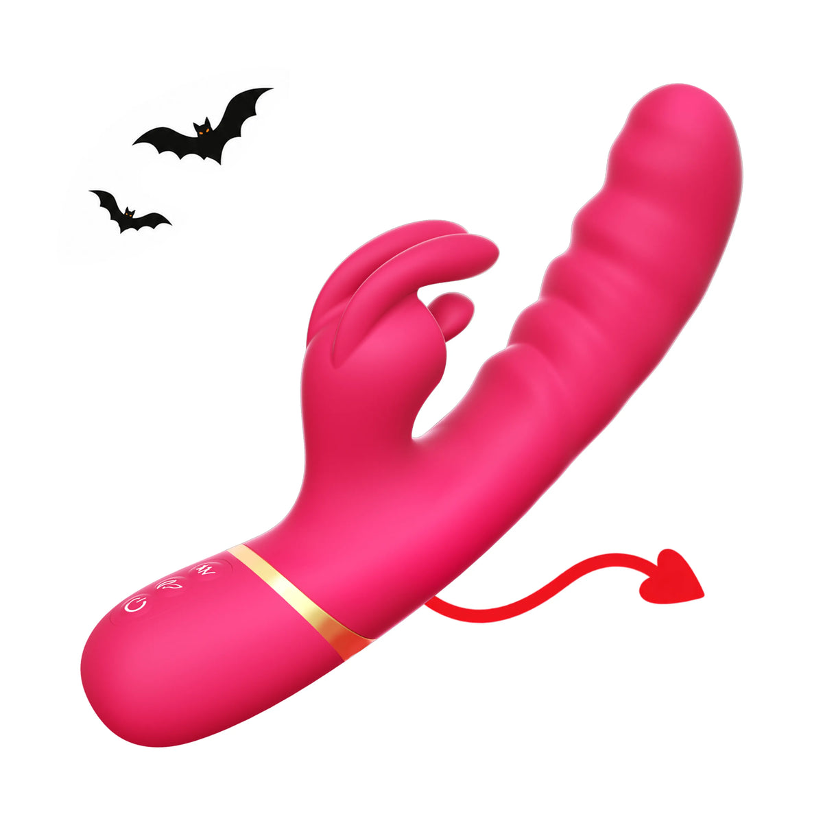 Toendi Vasilisa pink rabbit vibrator with a ribbed curved shaft and Halloween bat decorations
