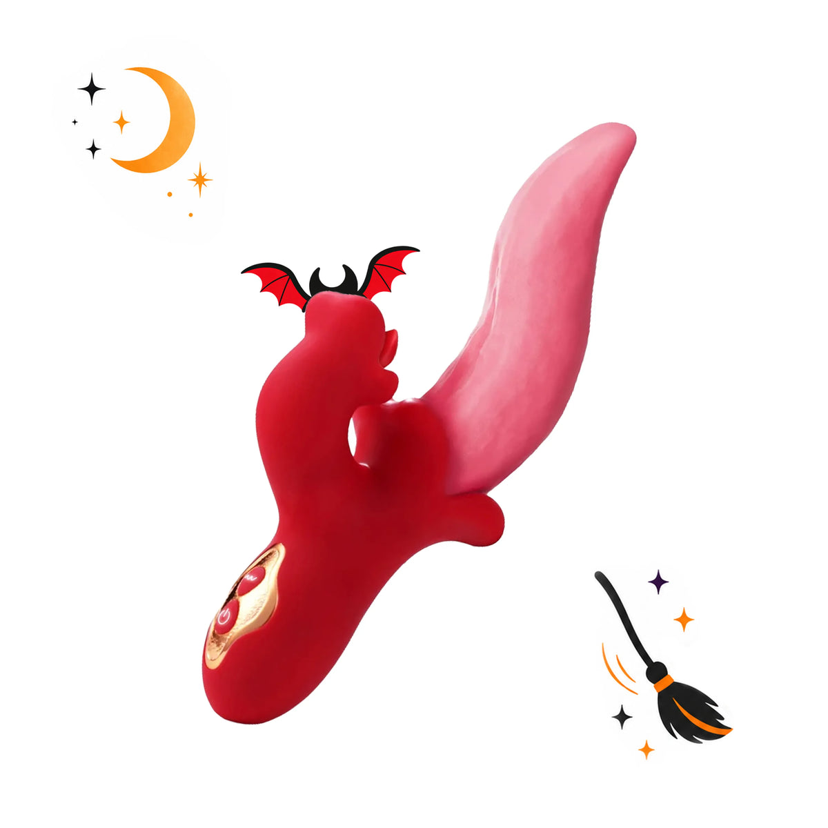 Toendi Veeelips red and pink dual-arm vibrator with gold accents and Halloween decorations
