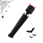 Toendi Valora black wand vibrator with a metallic neck, Halloween devil horns and bats