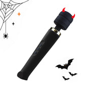 Toendi Valora black wand vibrator with a metallic neck, Halloween devil horns and bats