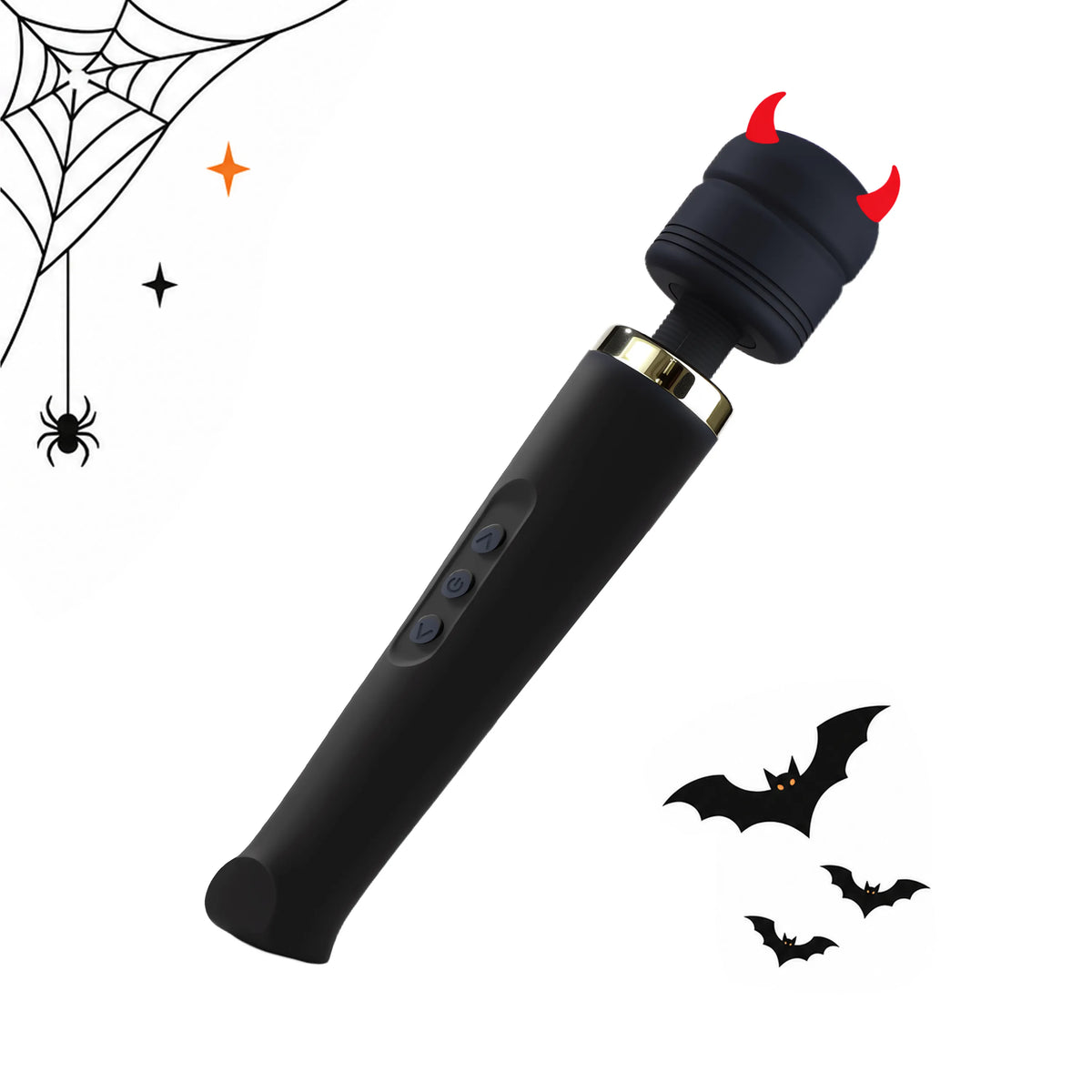 Toendi Valora black wand vibrator with a metallic neck, Halloween devil horns and bats