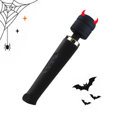 Toendi Valora black wand vibrator with a metallic neck, Halloween devil horns and bats