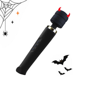Toendi Valora black wand vibrator with a metallic neck, Halloween devil horns and bats