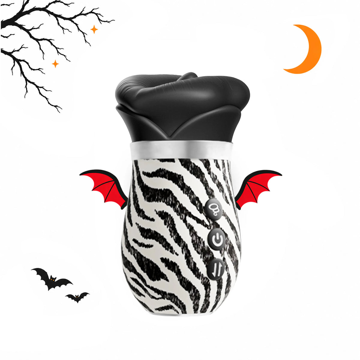 Toendi Zera Lips vibrator with a zebra-print body, black lip-shaped top and Halloween bat wings