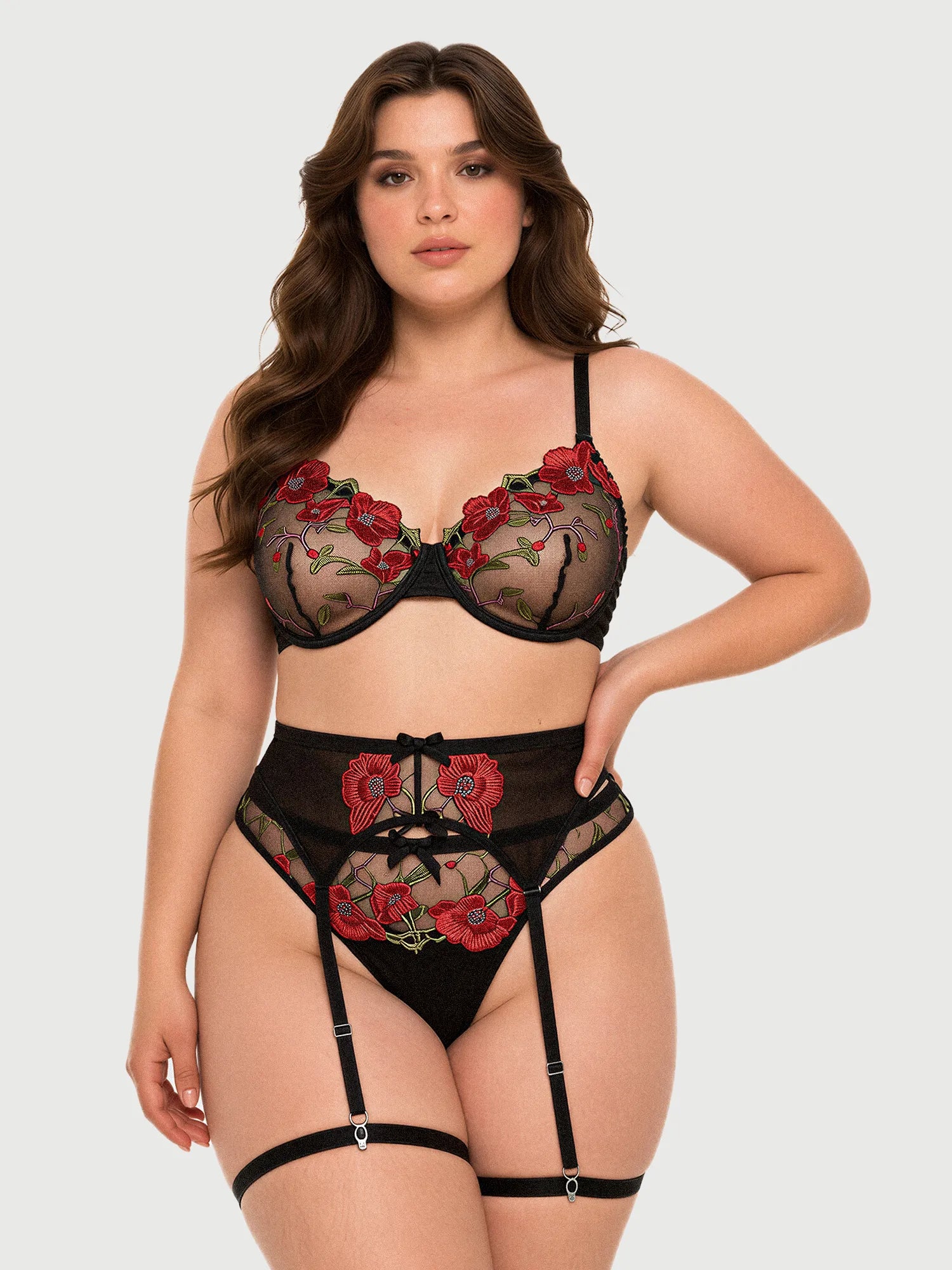 Orlaya Floral Embroidered Garter Set - Red